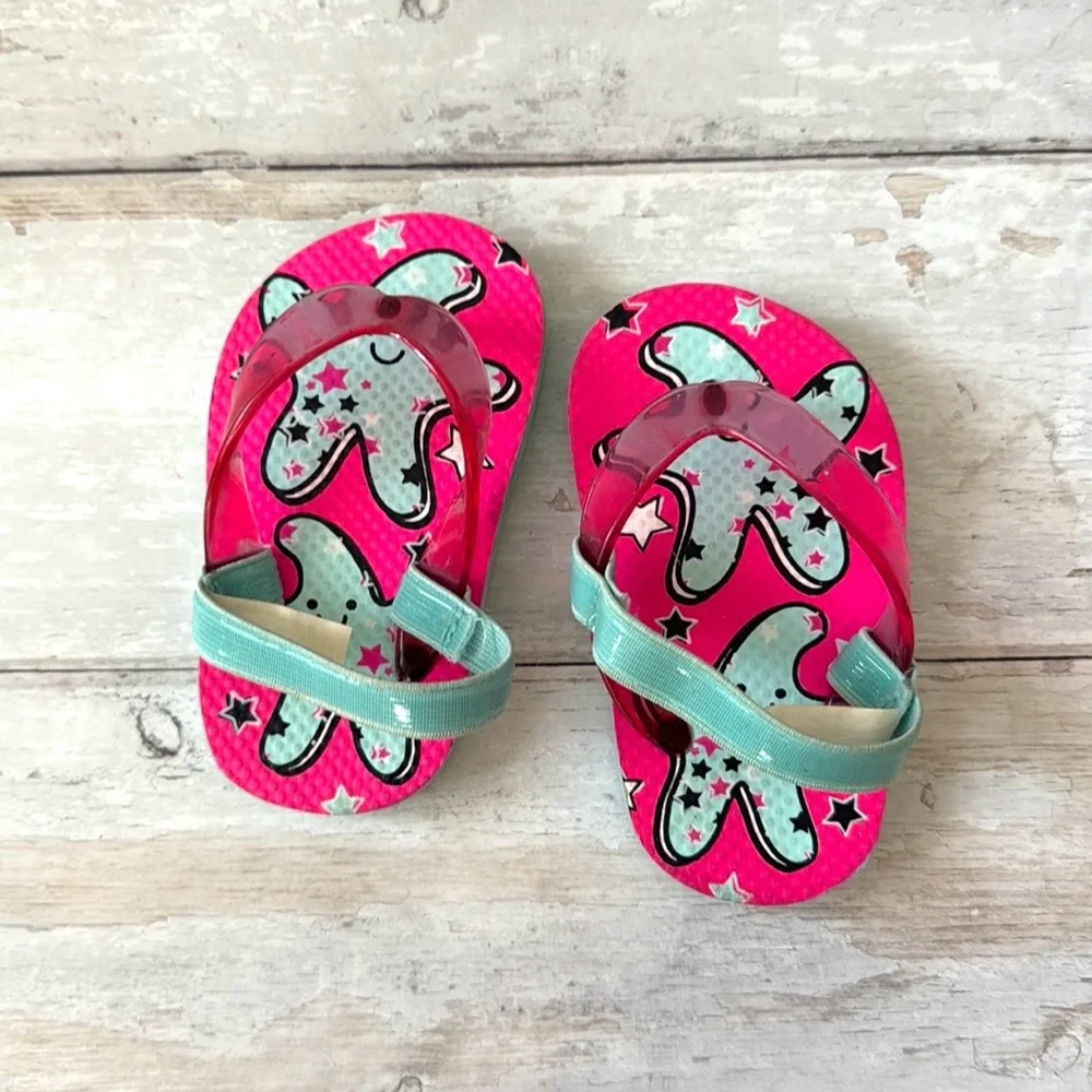 Girls 4/5 Flip Flop Sandals Summer Shoes Pink Teal Starfish Gymboree Size 4 5